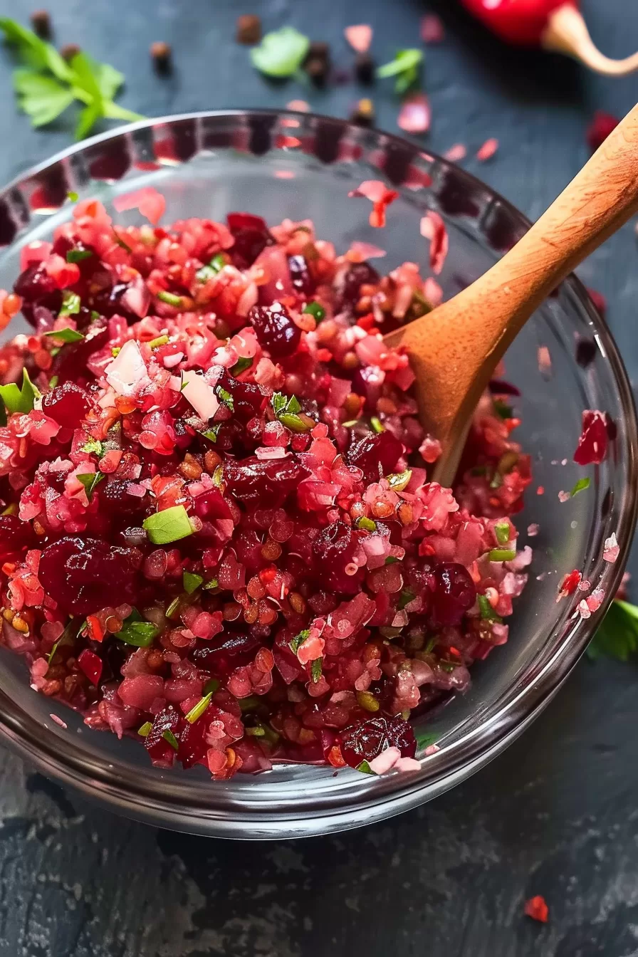 Glass bowl filled with tangy cranberry relish, garnished with fresh herbs and chopped fruit.