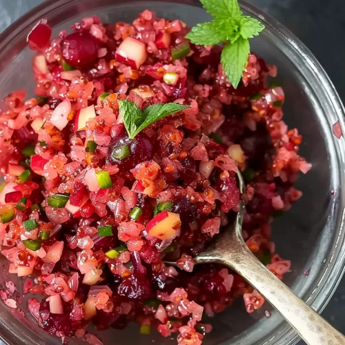 Festive cranberry relish served in a clear dish, showing the rich red tones and finely diced ingredients.