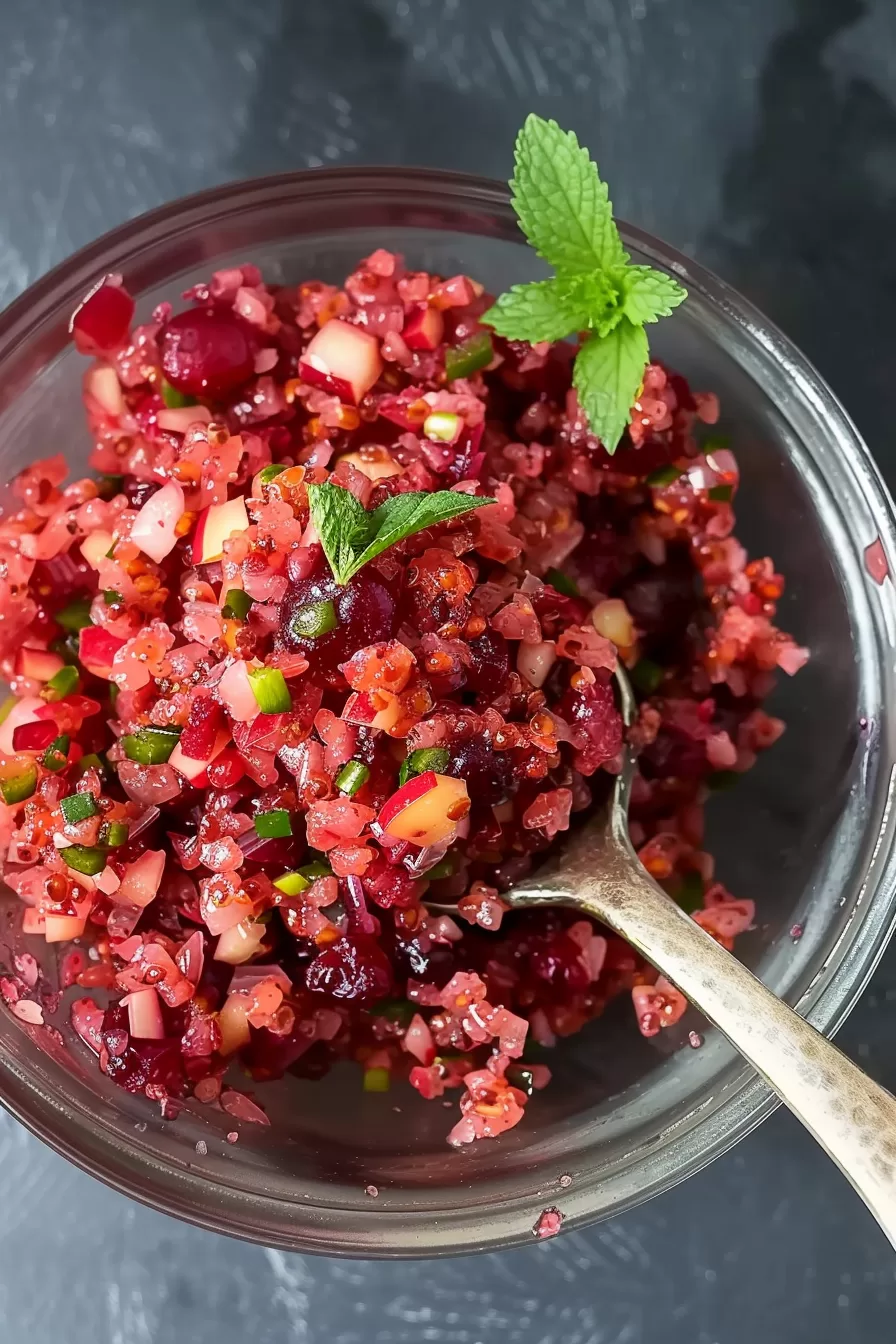 Festive cranberry relish served in a clear dish, showing the rich red tones and finely diced ingredients.