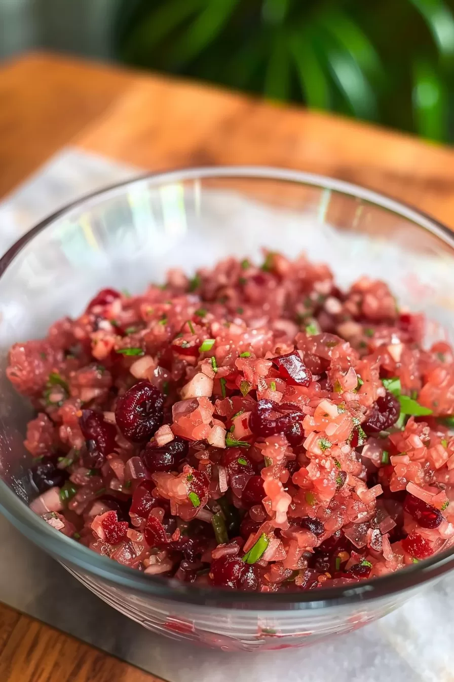 Rustic cranberry relish with a mix of whole and chopped cranberries, ready to be served.