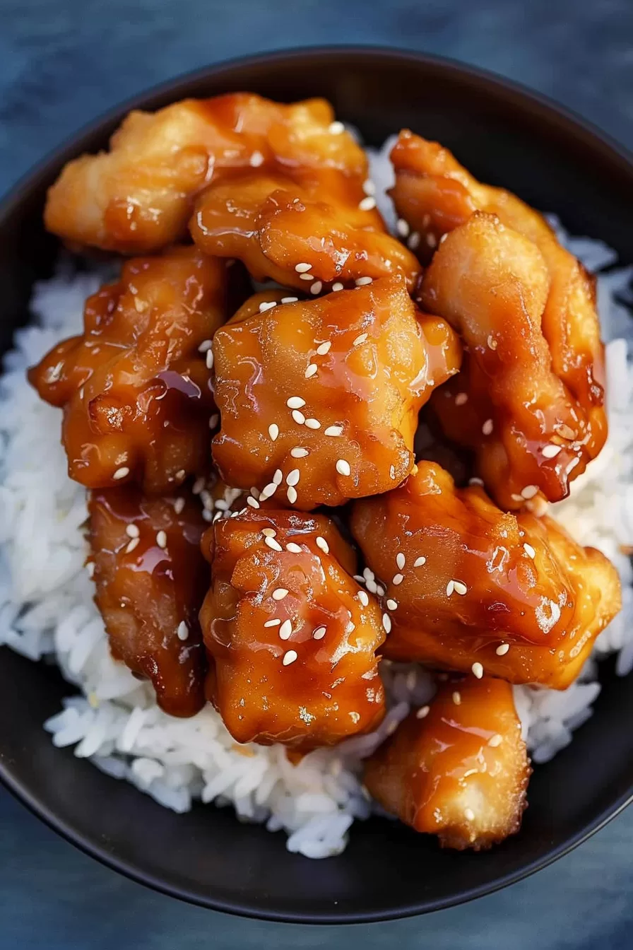 Close-up of crispy orange chicken coated in a glossy sweet and tangy sauce, garnished with sesame seeds and served over white rice.