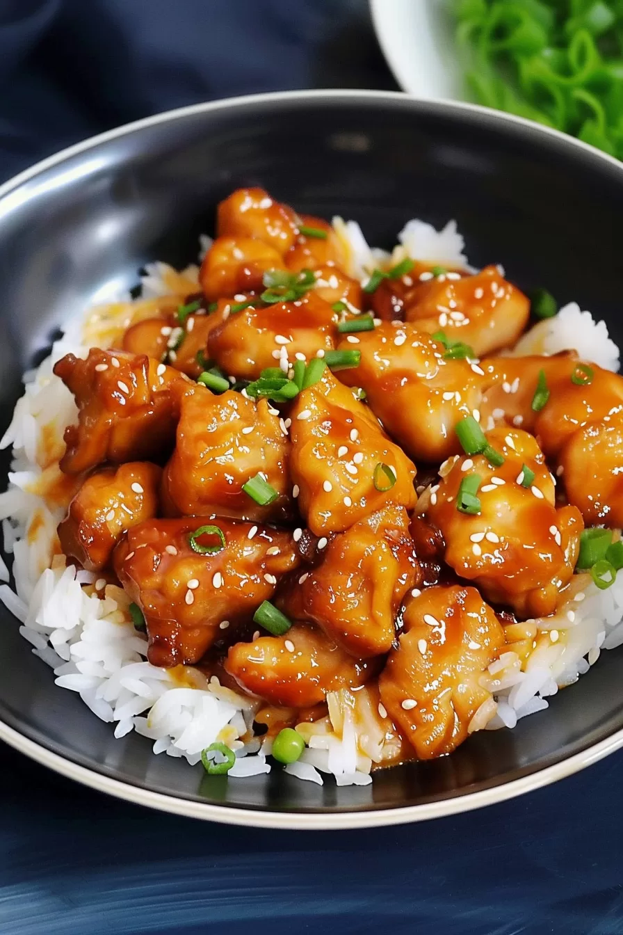 A black bowl filled with tender orange chicken pieces glazed with sauce, topped with sliced green onions and sesame seeds.