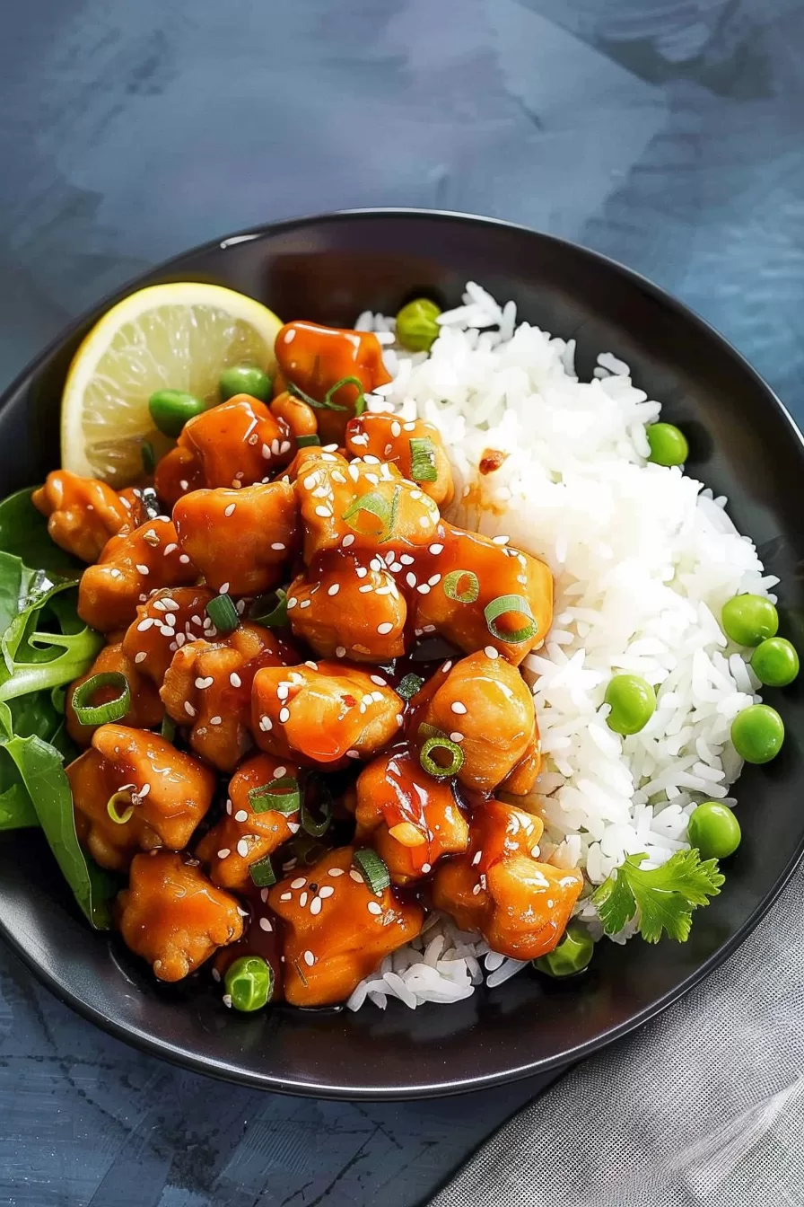 Orange chicken with a sticky glaze, served alongside steamed white rice and fresh peas, garnished with a slice of lemon