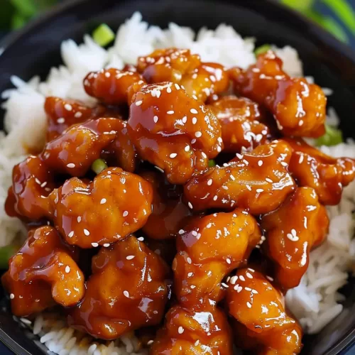 A plate of golden brown orange chicken bites coated in a homemade sauce, sprinkled with sesame seeds and chopped green onions.