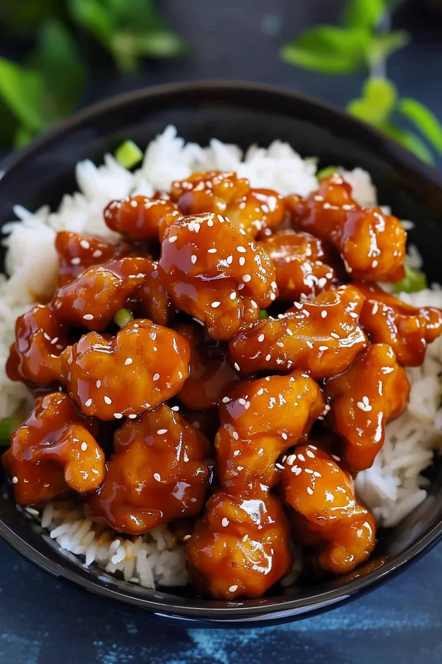 A plate of golden brown orange chicken bites coated in a homemade sauce, sprinkled with sesame seeds and chopped green onions.