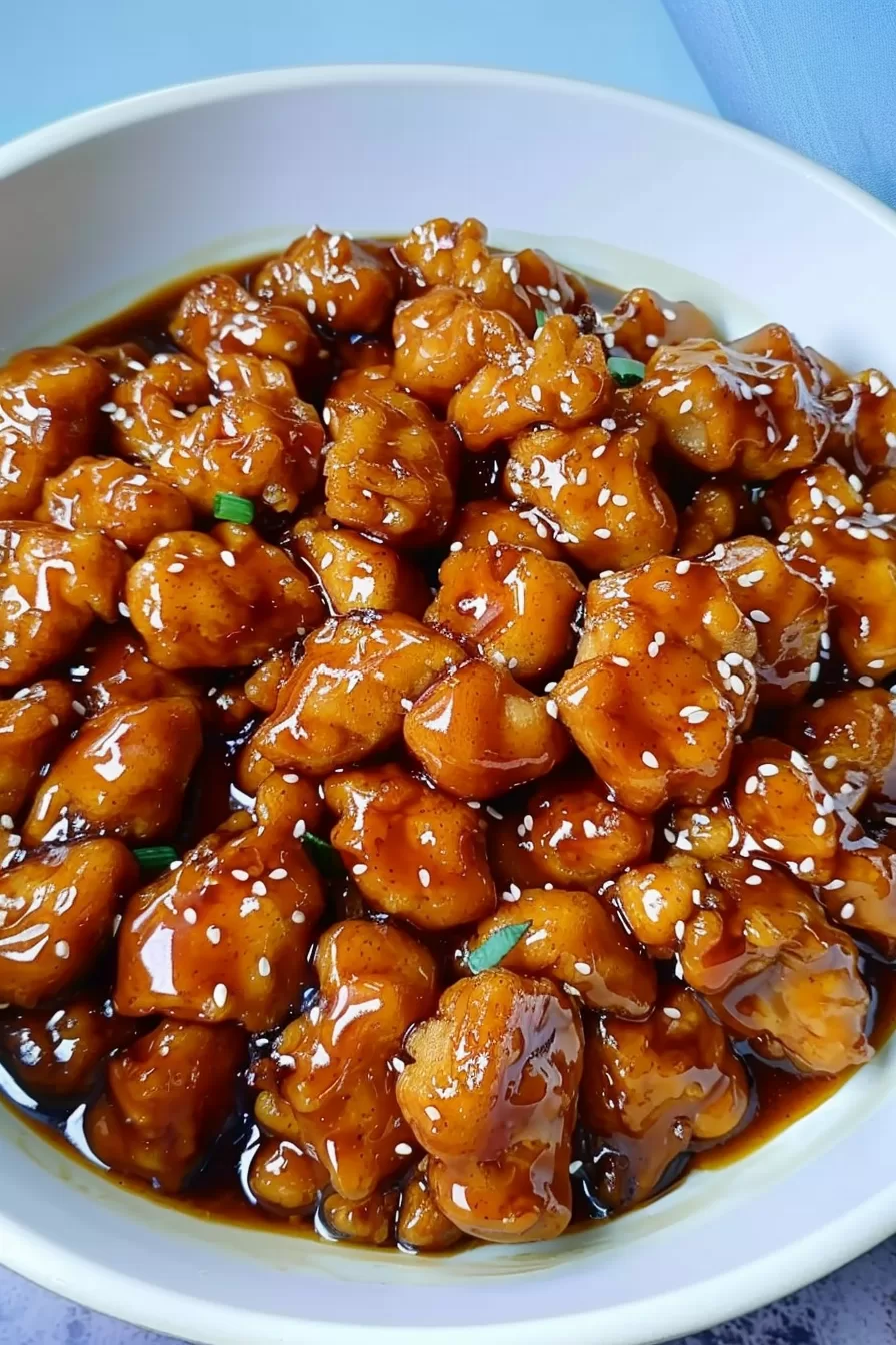 Glazed orange chicken pieces arranged in a white serving bowl, generously coated in sauce and sprinkled with sesame seeds for texture.