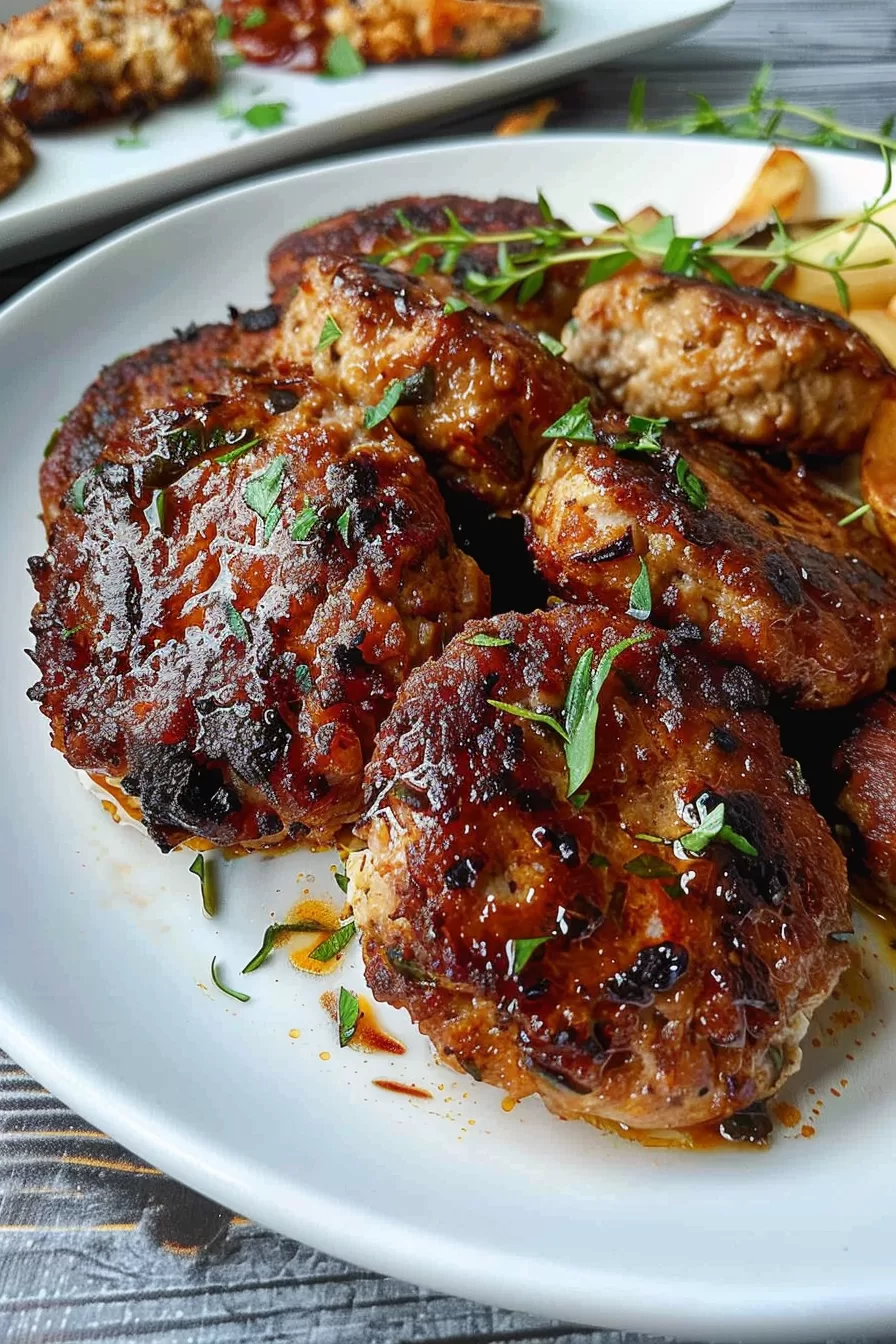 Close-up of crispy potato meatballs with a rich glaze, placed on a white dish.