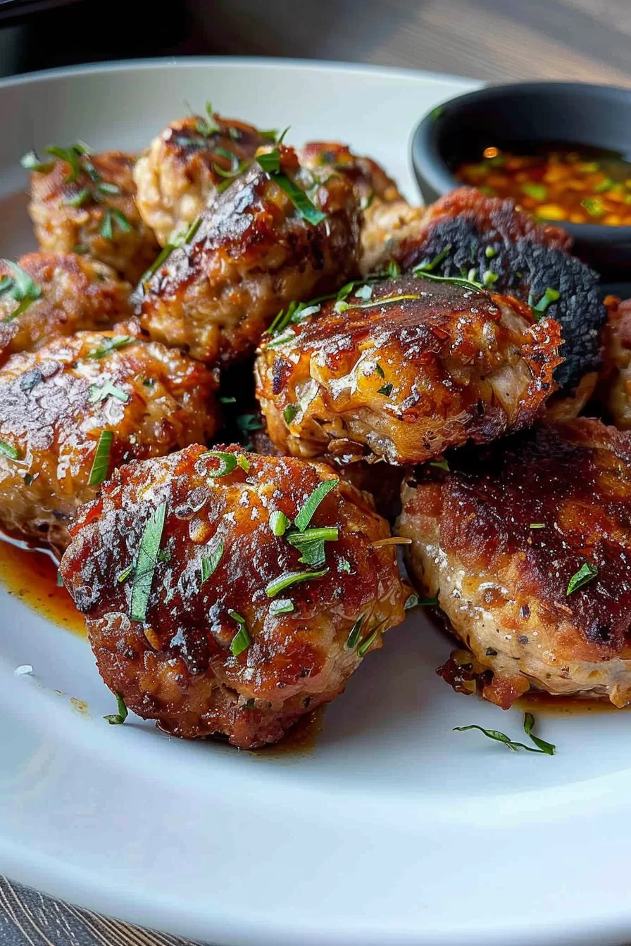 Stacked potato meatballs with a golden crust, accompanied by a side of dipping sauce.