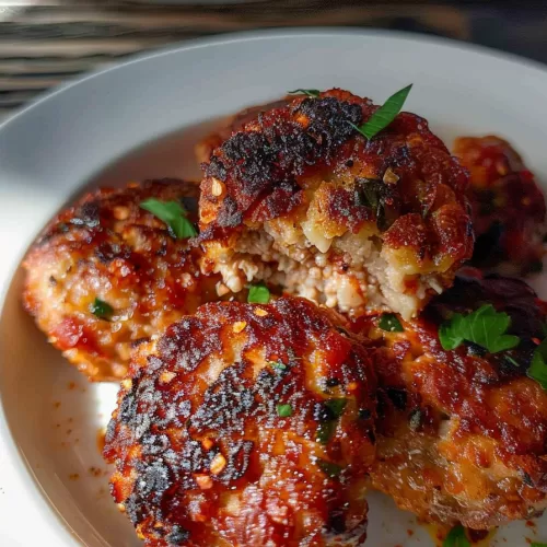 A platter of juicy potato meatballs topped with finely chopped parsley.