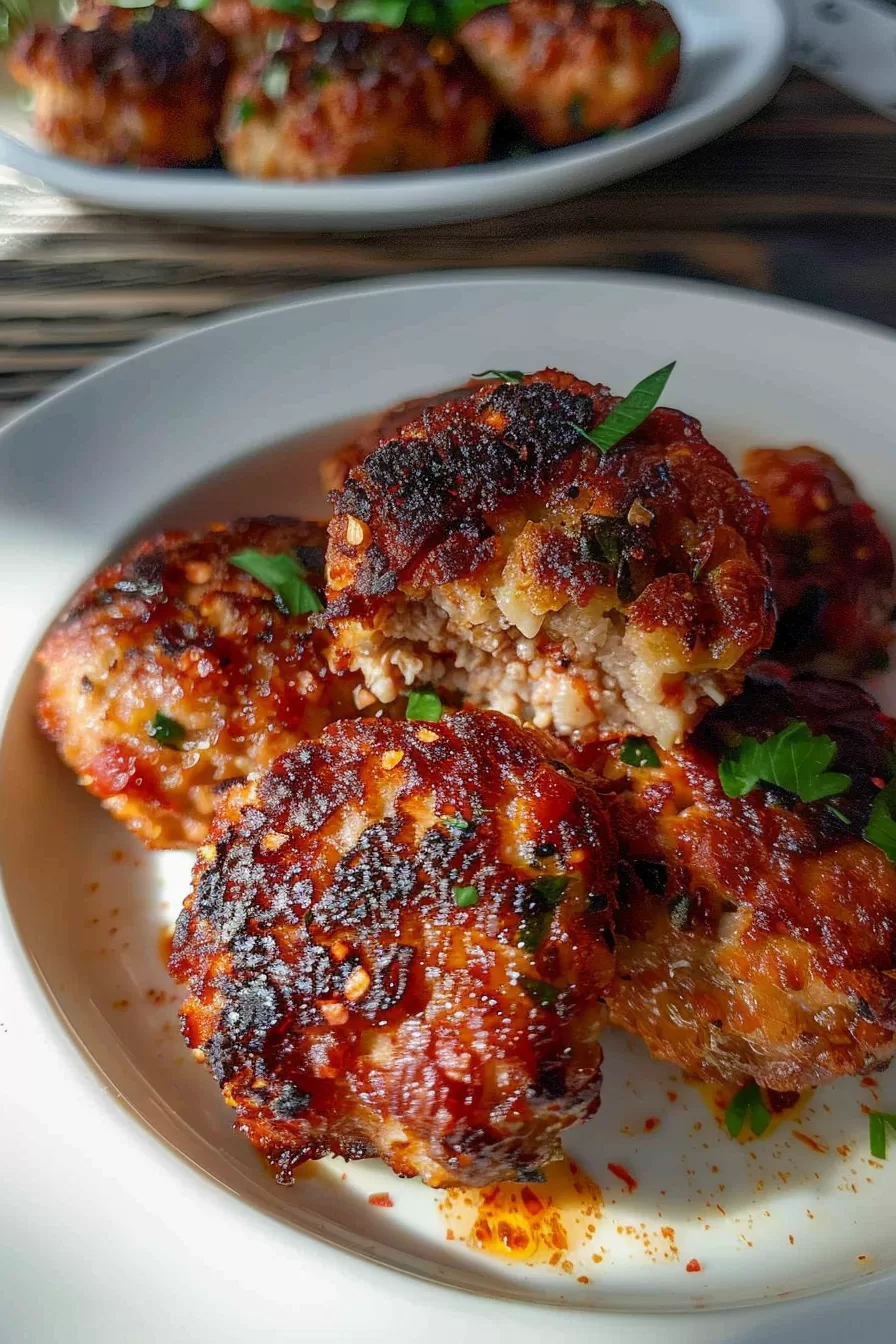 A platter of juicy potato meatballs topped with finely chopped parsley.