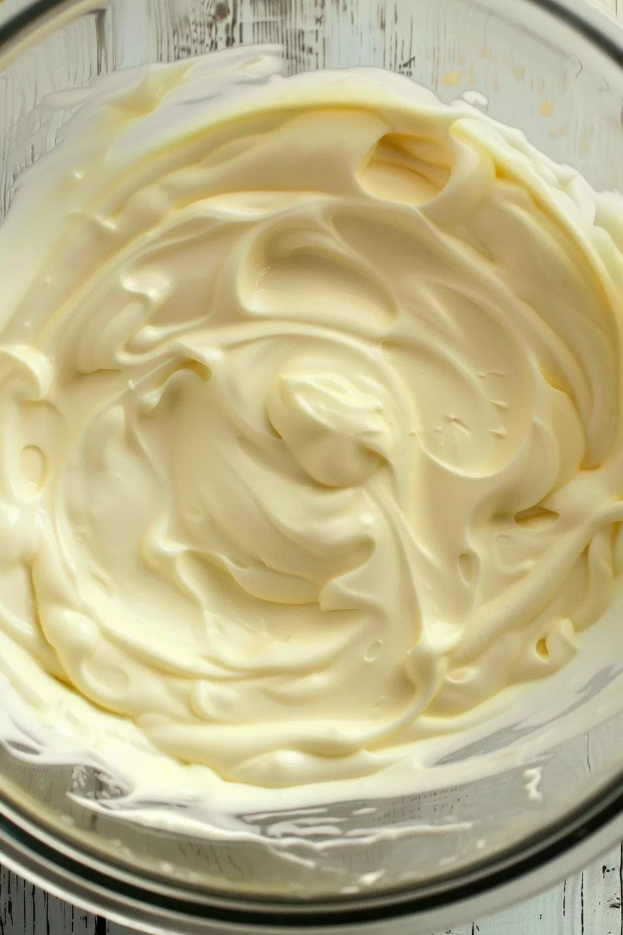 A glass bowl filled with smooth and creamy egg-free mayonnaise, showcasing its silky texture.