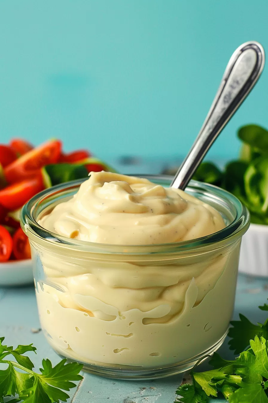 A close-up of a jar of egg-free mayo with a spoon, highlighting its thick and creamy consistency.