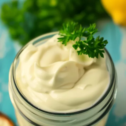 A jar of egg-free mayonnaise on a light blue background, garnished with fresh parsley for presentation.