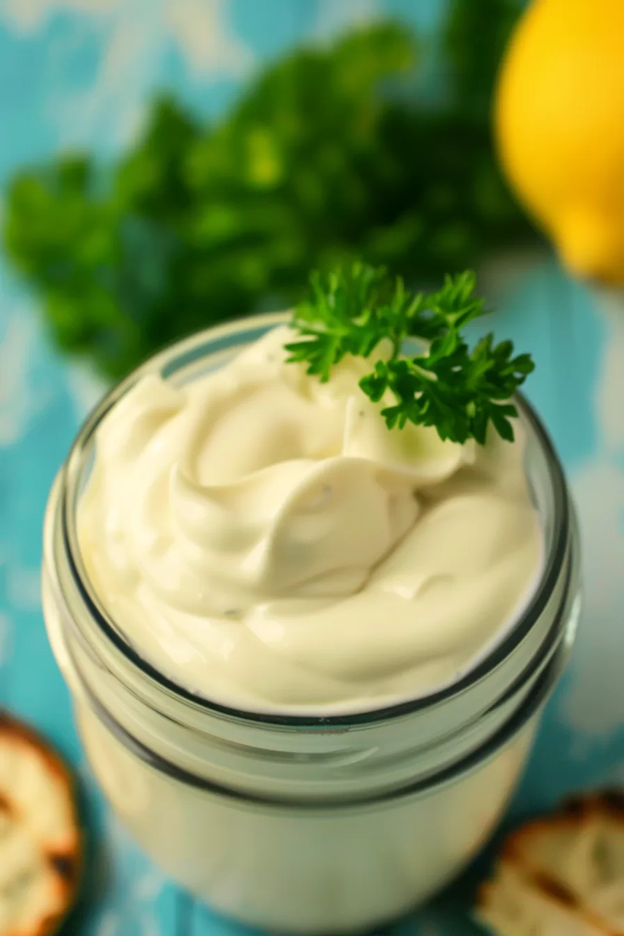 A jar of egg-free mayonnaise on a light blue background, garnished with fresh parsley for presentation.