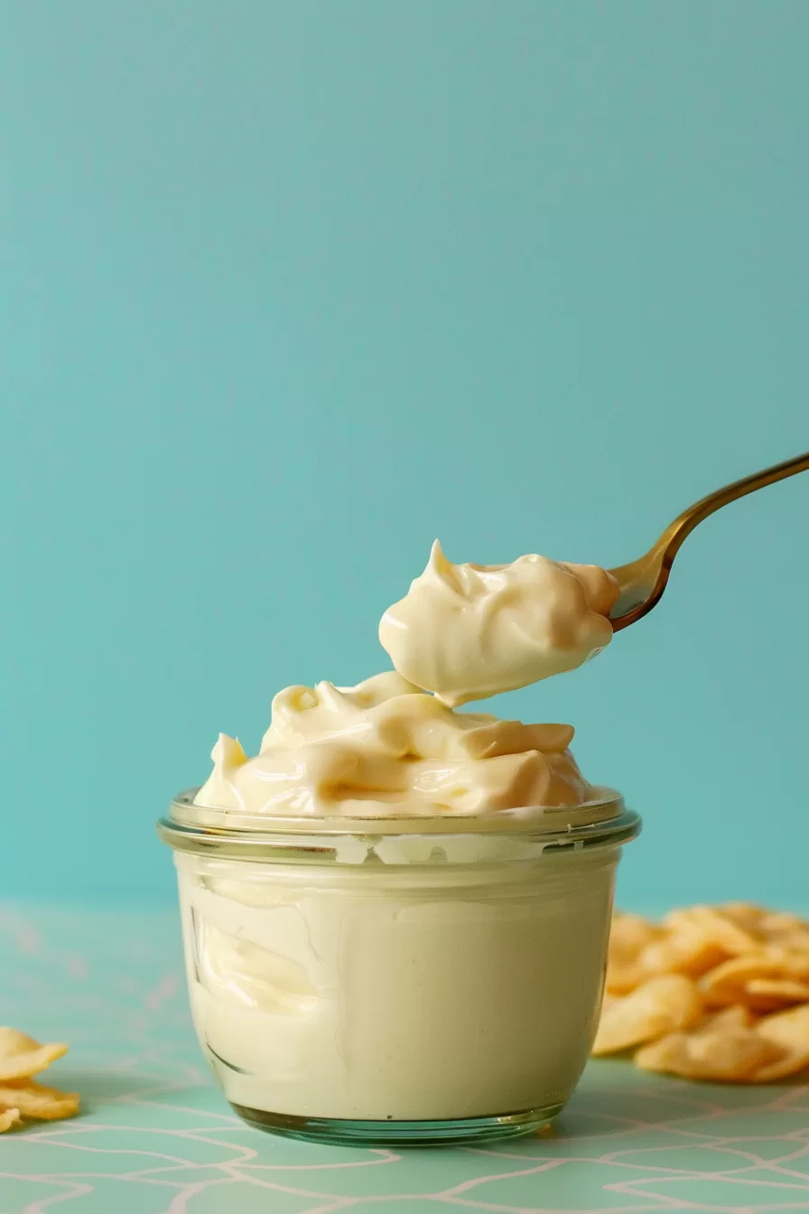 A spoonful of velvety egg-free mayo being lifted from a glass jar, with crackers in the background.