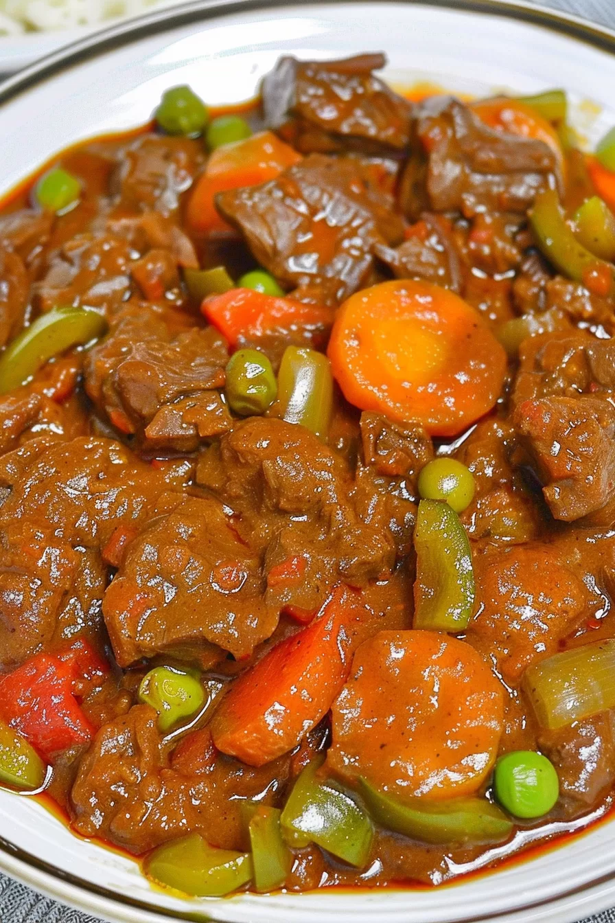 A hearty beef stew with colorful vegetables and a rich tomato-based sauce, served in a deep bowl.