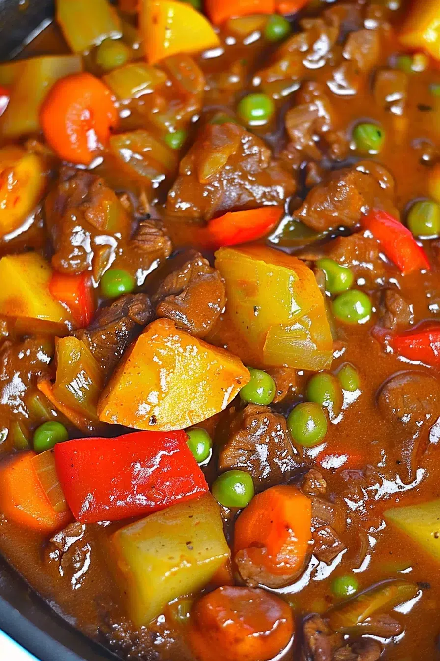 Close-up of tender beef chunks simmered with carrots, potatoes, and bell peppers in a savory sauce.