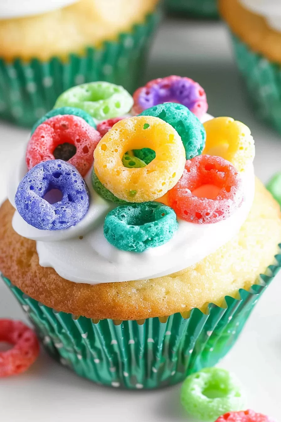 A close-up of a freshly baked vanilla cupcake topped with smooth white frosting and colorful fruit cereal rings for a playful finish.