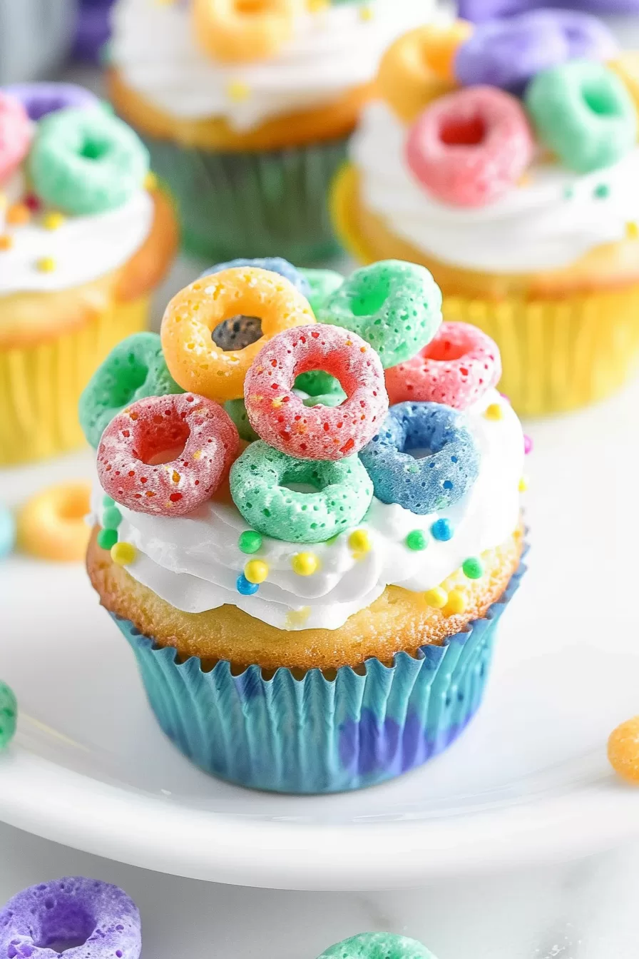 A cupcake in a bright, patterned wrapper topped with fluffy frosting and multi-colored fruit cereal loops, served on a pastel plate.