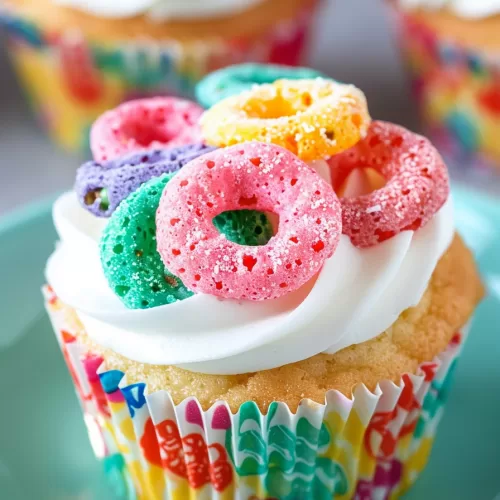 A single cupcake with a swirl of frosting and colorful cereal rings, surrounded by scattered cereal pieces for a whimsical presentation.