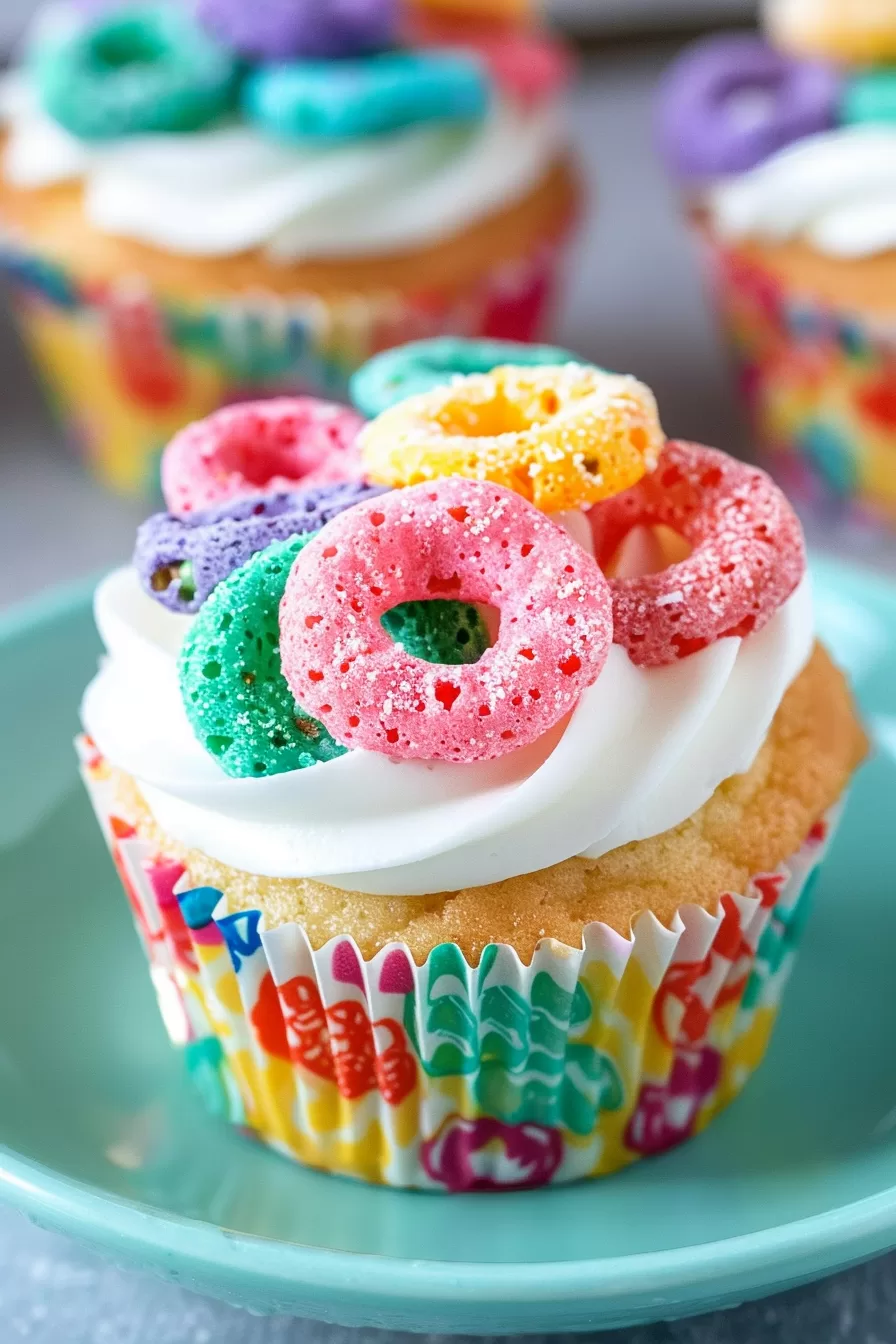 A single cupcake with a swirl of frosting and colorful cereal rings, surrounded by scattered cereal pieces for a whimsical presentation.