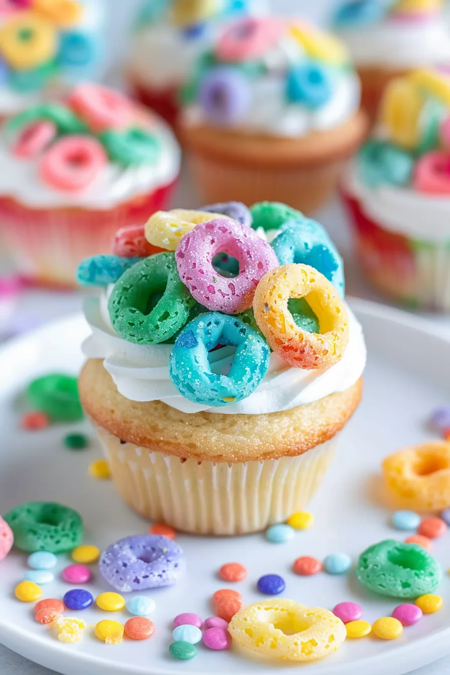 A plate of cupcakes decorated with vibrant fruit cereal loops and rainbow sprinkles, perfect for kids' birthday parties.