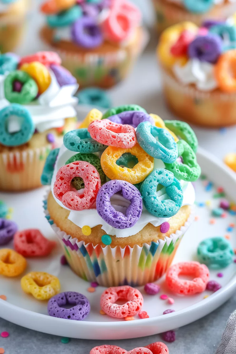 A batch of cupcakes with whipped frosting and fruit cereal loops, creating a fun and cheerful dessert display on a white serving tray.