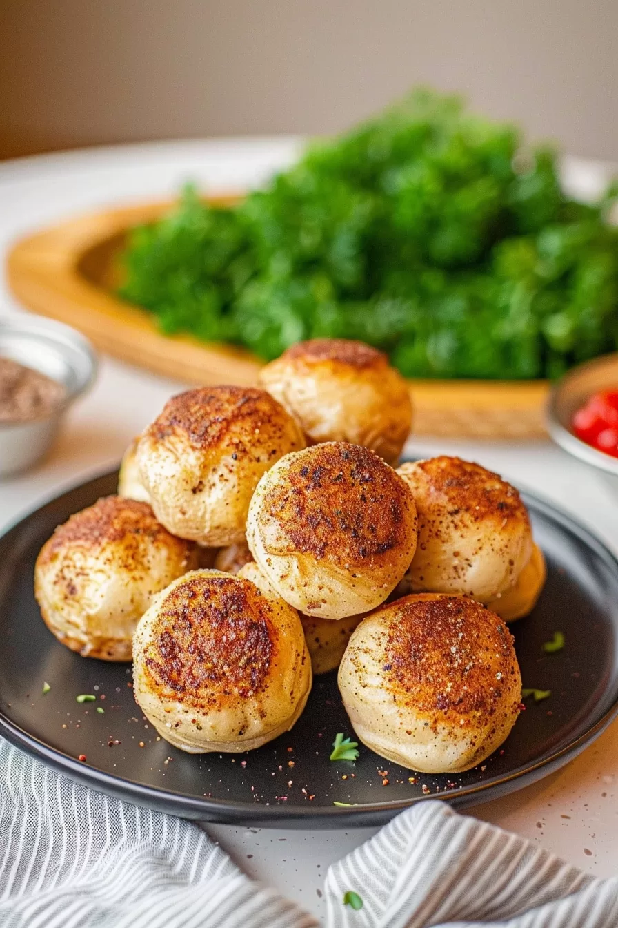 Garlic potato pops with a crunchy, herb-coated exterior served on a white plate, with sauce and fresh greens in the background.