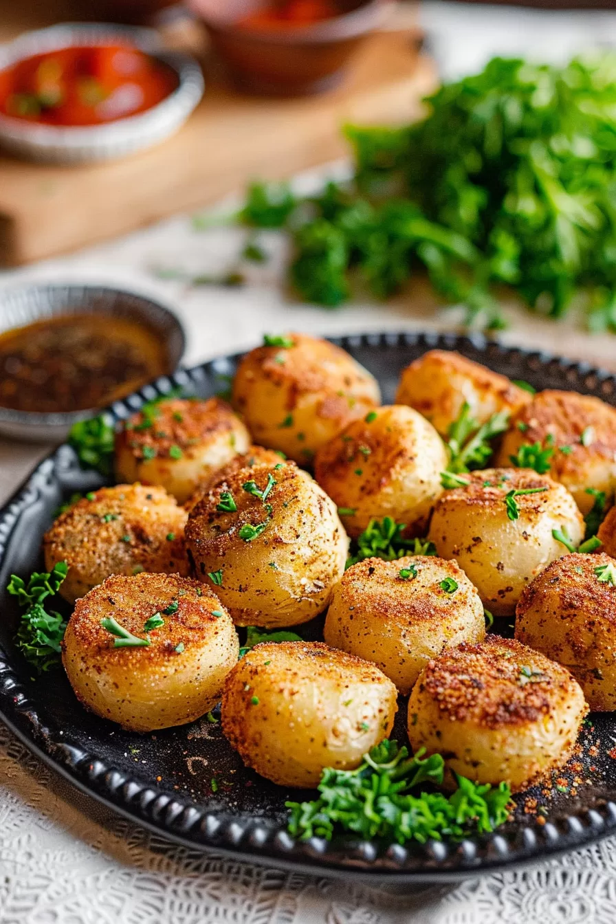 Close-up shot of crispy garlic potato pops with a dusting of spices, served on a black plate with a side of dipping sauce.