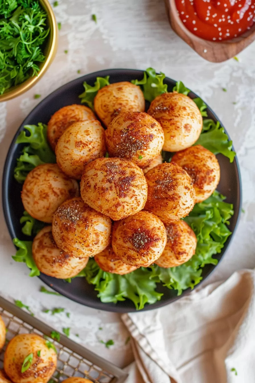 A plate of golden brown garlic potato pops, perfectly seasoned and garnished with fresh herbs, ready to be served.