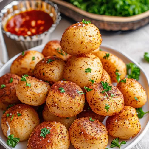 Stacked garlic potato pops with a golden crust, sprinkled with finely chopped parsley for a pop of color.