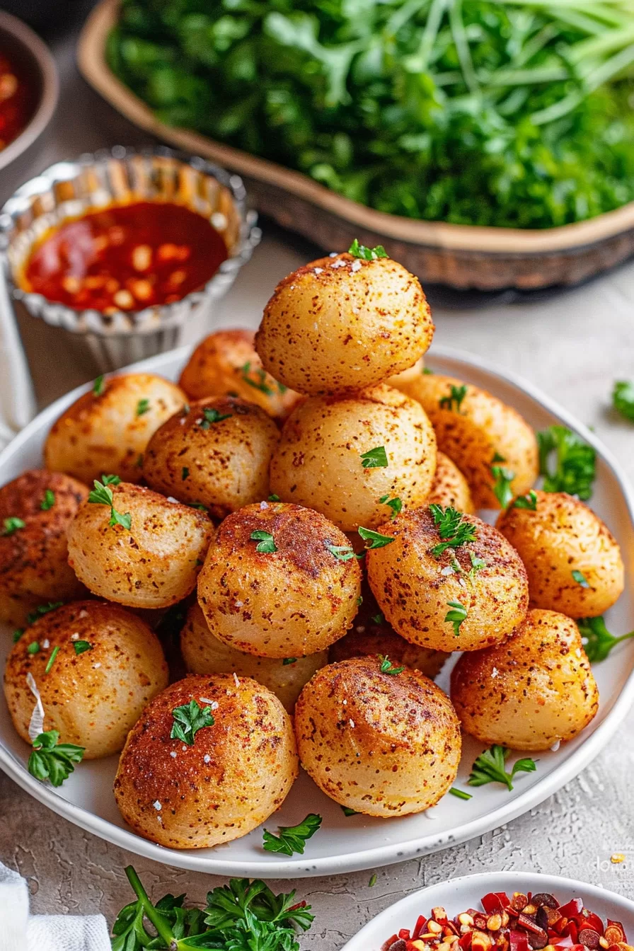 Stacked garlic potato pops with a golden crust, sprinkled with finely chopped parsley for a pop of color.