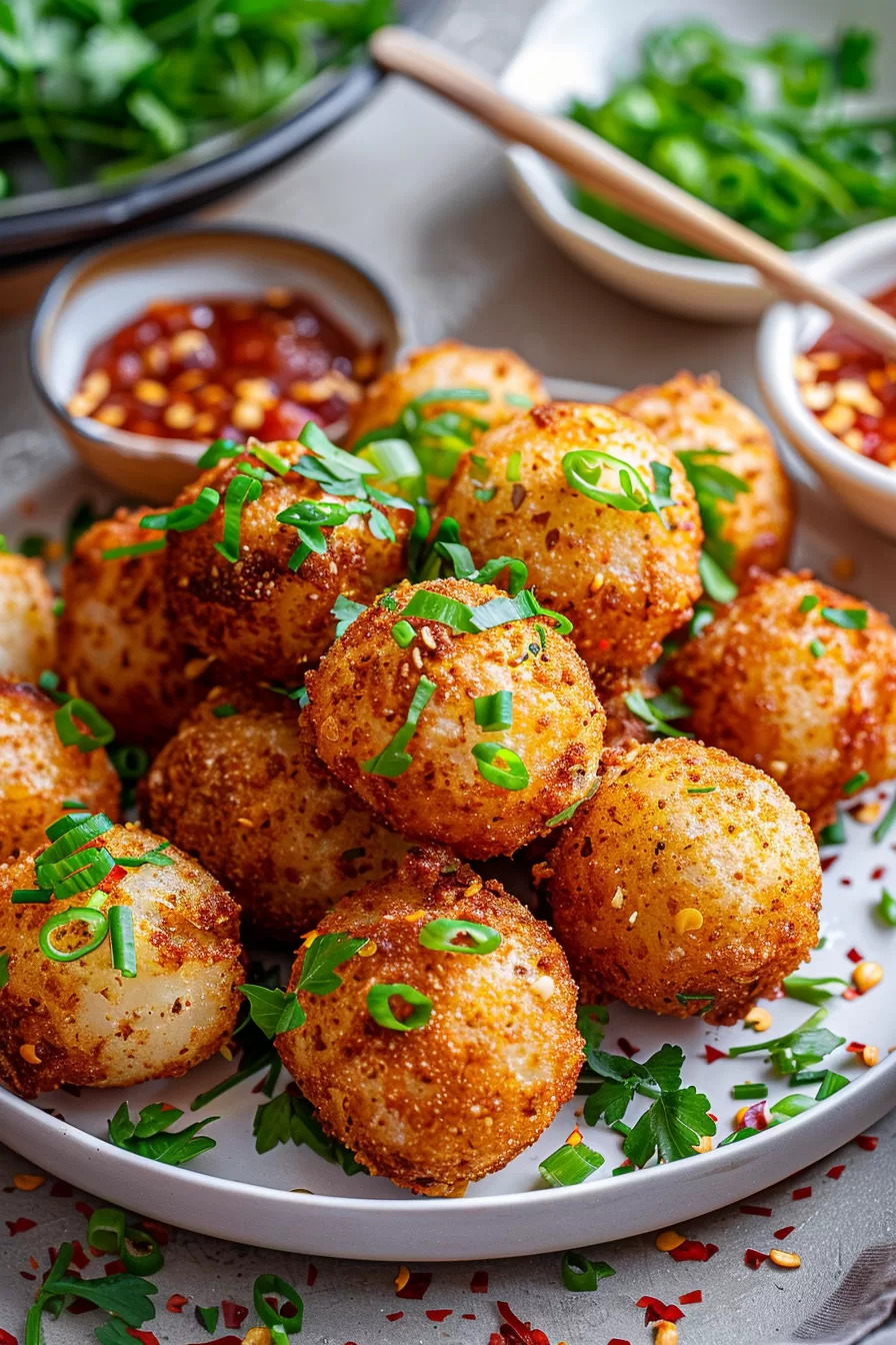 A bowl of roasted garlic potato pops, coated in savory seasoning, served alongside a spicy red dipping sauce.