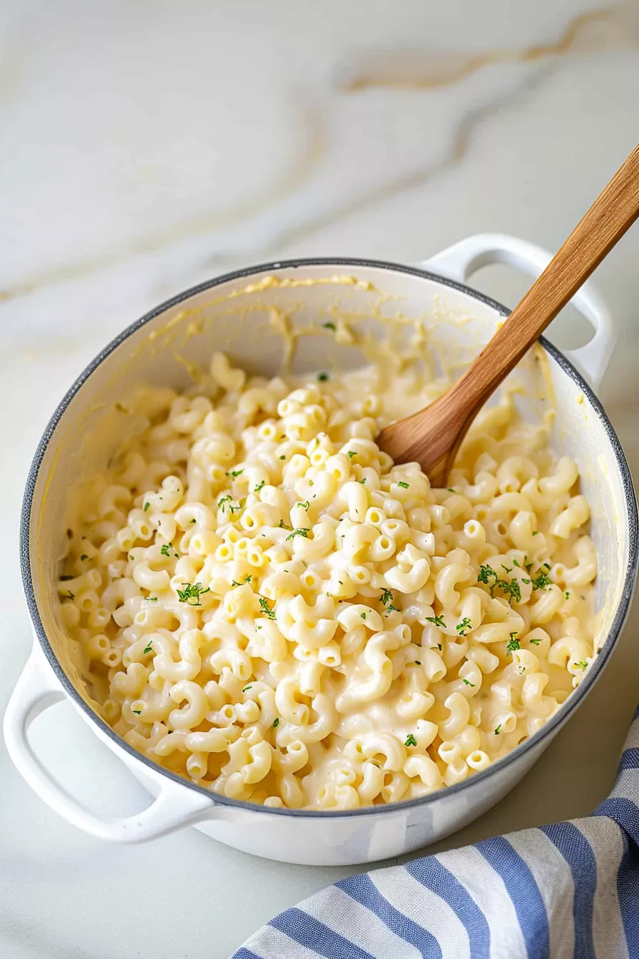 A close-up shot of creamy macaroni and cheese with fresh parsley sprinkled on top in a white pot, showcasing the rich texture and vibrant colors.