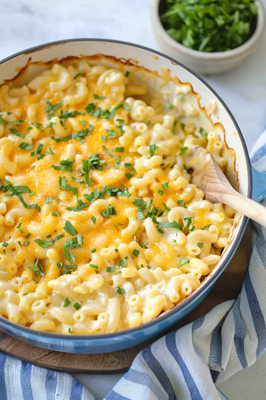 A baked dish of mac and cheese with a golden cheesy crust, garnished with fresh parsley, presented in a blue casserole dish.