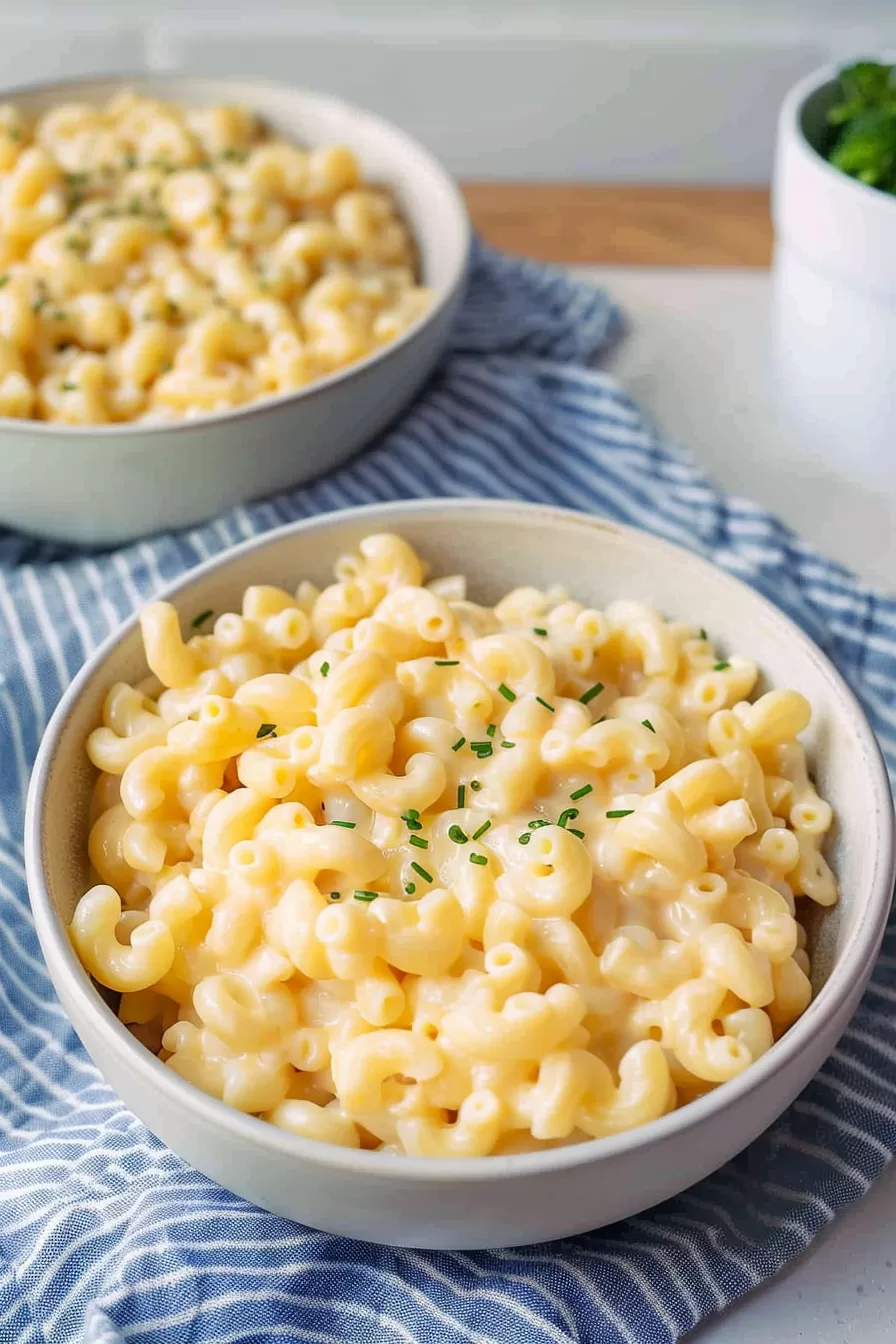 A creamy bowl of Greek yogurt mac and cheese on a striped towel, with fresh green garnishes adding a touch of brightness to the dish.