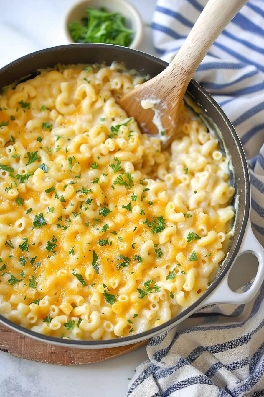 A large skillet filled with creamy mac and cheese, topped with melted cheese and parsley, paired with a wooden spoon for serving.