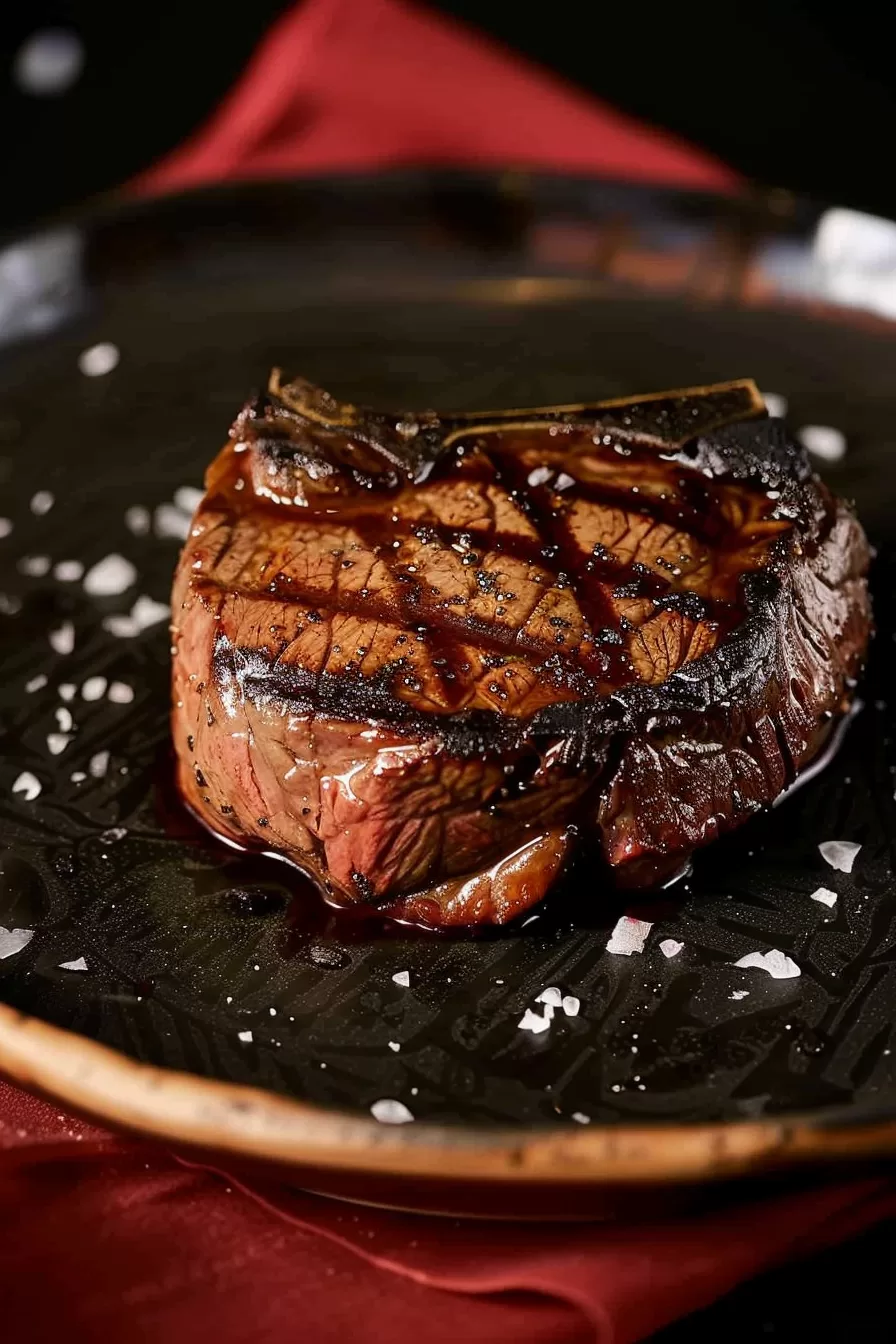 Close-up of a perfectly grilled Delmonico steak with a caramelized crust, served on a dark plate with sea salt flakes.