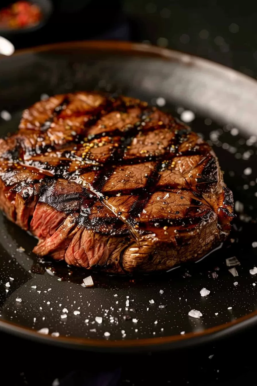 Perfectly cooked Delmonico steak, sliced to reveal a tender, pink center, with coarse salt sprinkled for a rustic presentation.