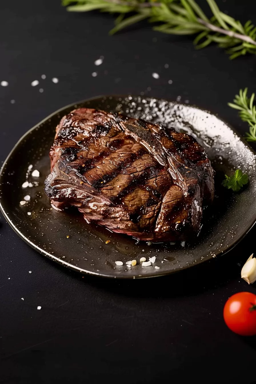 Thick, juicy Delmonico steak cooked to medium-rare perfection, drizzled with a savory glaze and garnished with cracked black pepper.