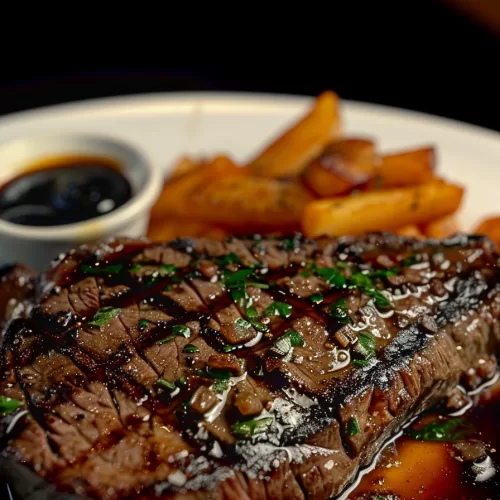 Seared Delmonico steak topped with a balsamic reduction glaze, served alongside roasted vegetables and a dipping sauce.