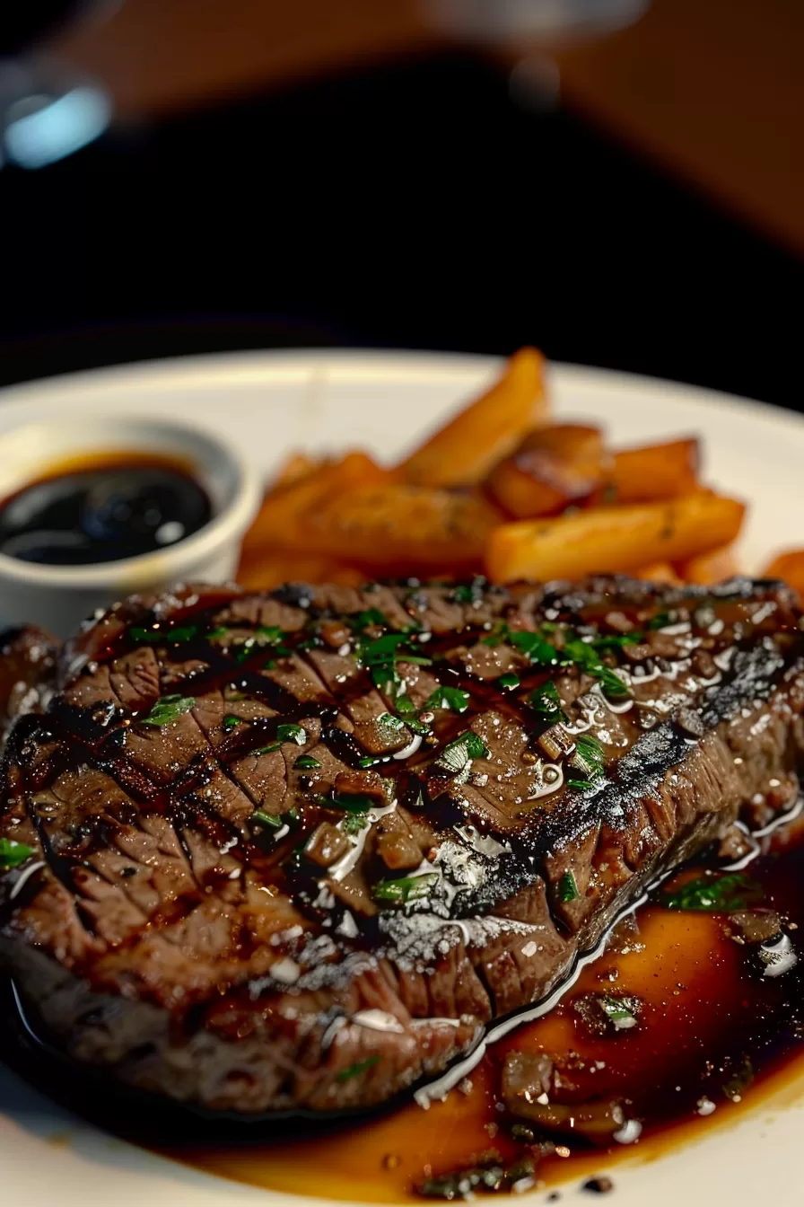 Seared Delmonico steak topped with a balsamic reduction glaze, served alongside roasted vegetables and a dipping sauce.