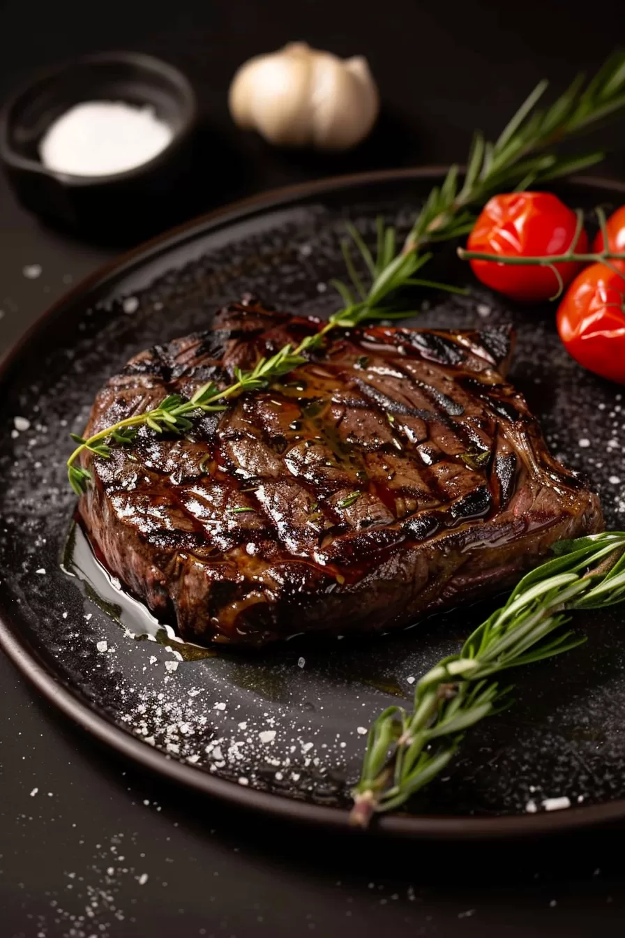 Grilled Delmonico steak resting on a black plate, showcasing deep grill marks and a tender pink center with rosemary in the background.