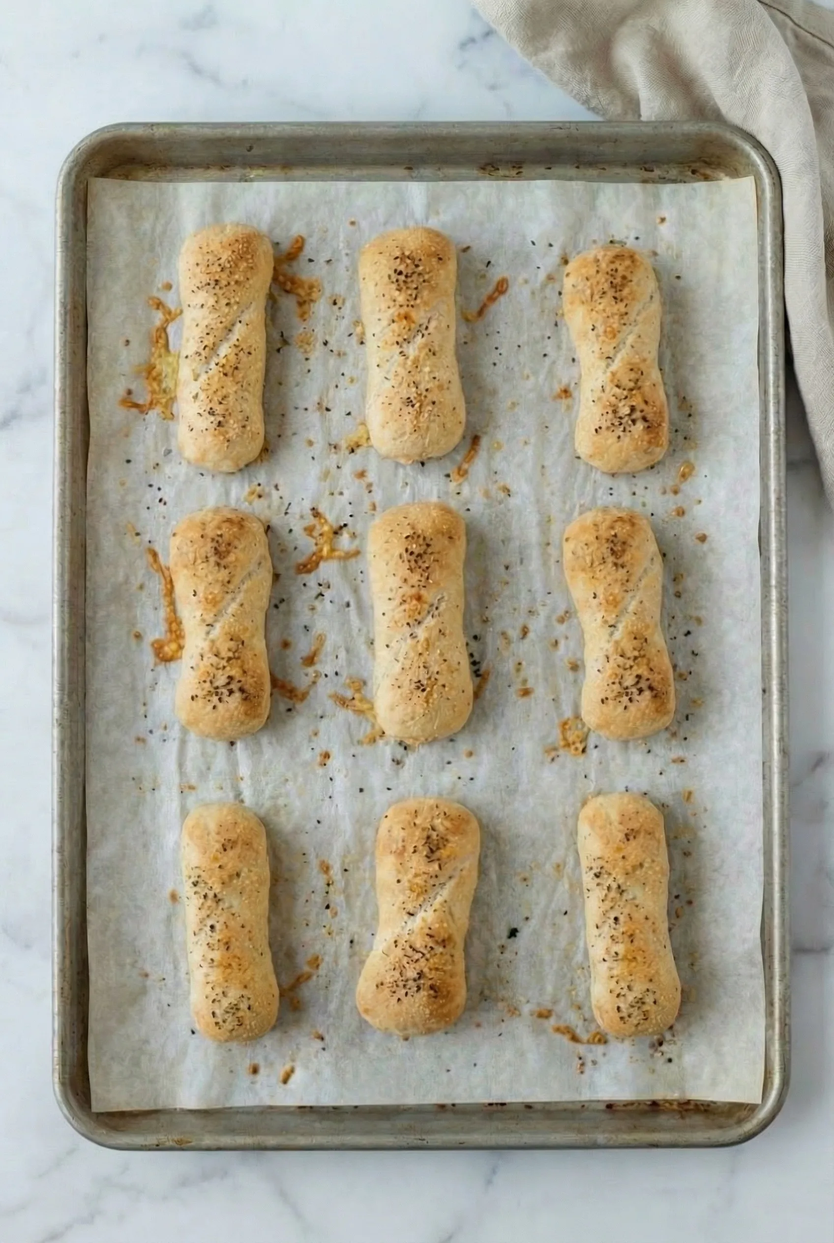 Golden baked pizza sticks arranged on a parchment-lined baking sheet