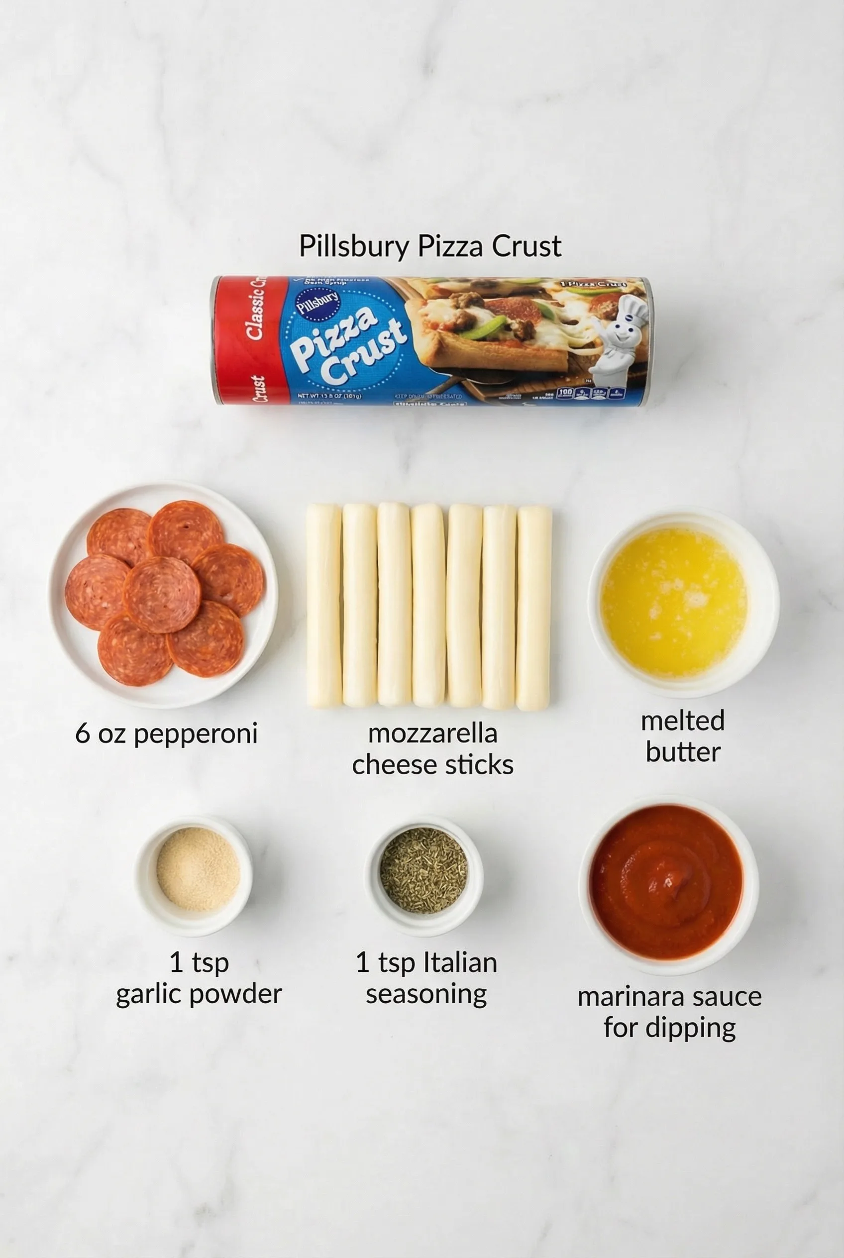 Ingredients for Homemade Pizza Sticks including pizza dough, mozzarella cheese sticks, pepperoni, melted butter, garlic powder, Italian seasoning, and marinara sauce
