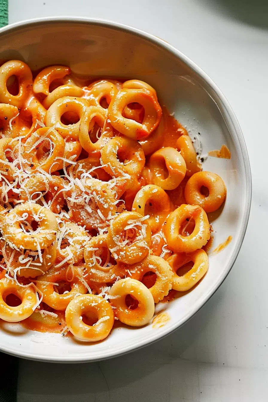 Homemade spaghettios in a saucepan with a vibrant tomato sauce and a sprinkle of cheese.