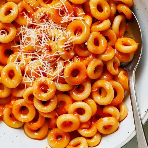 Close-up of a bowl filled with homemade spaghettios topped with freshly grated Parmesan cheese.