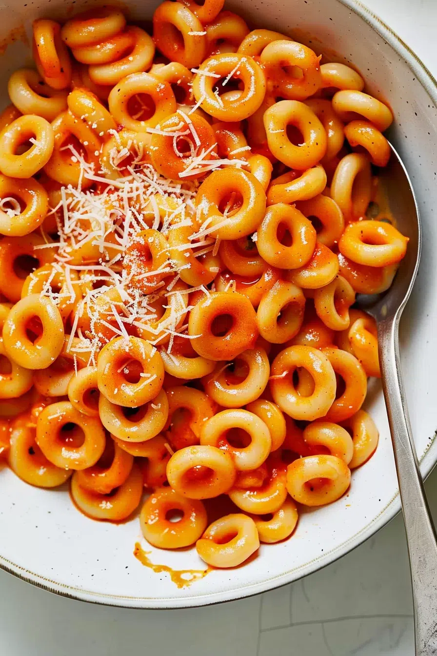 Close-up of a bowl filled with homemade spaghettios topped with freshly grated Parmesan cheese.