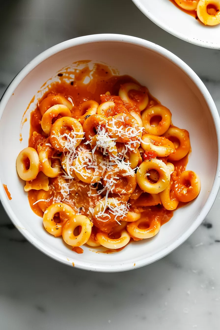 A serving of homemade spaghettios in a white bowl, with a rich and creamy tomato sauce.