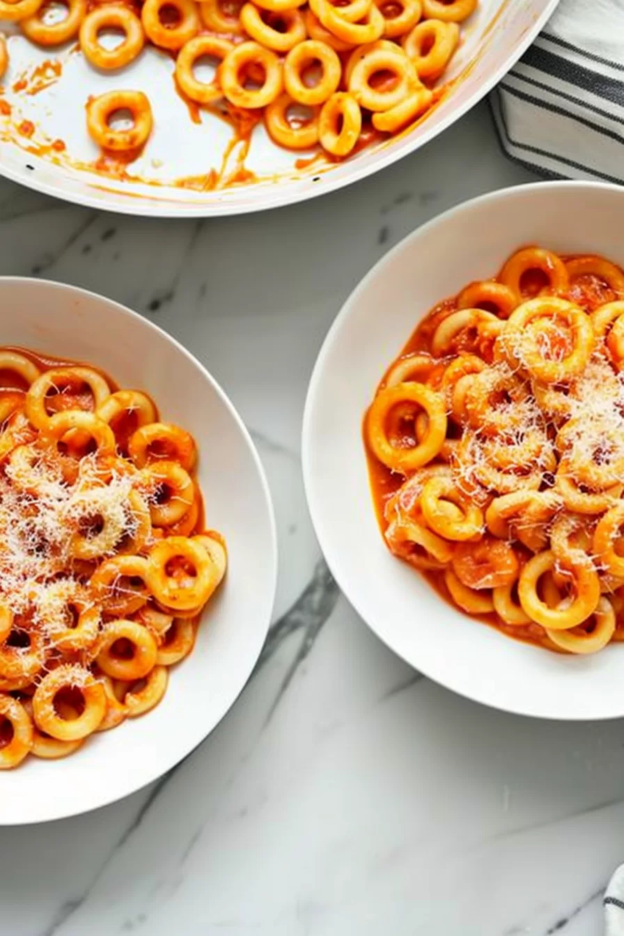 Two bowls of freshly made spaghettios displayed on a marble countertop, ready to serve.